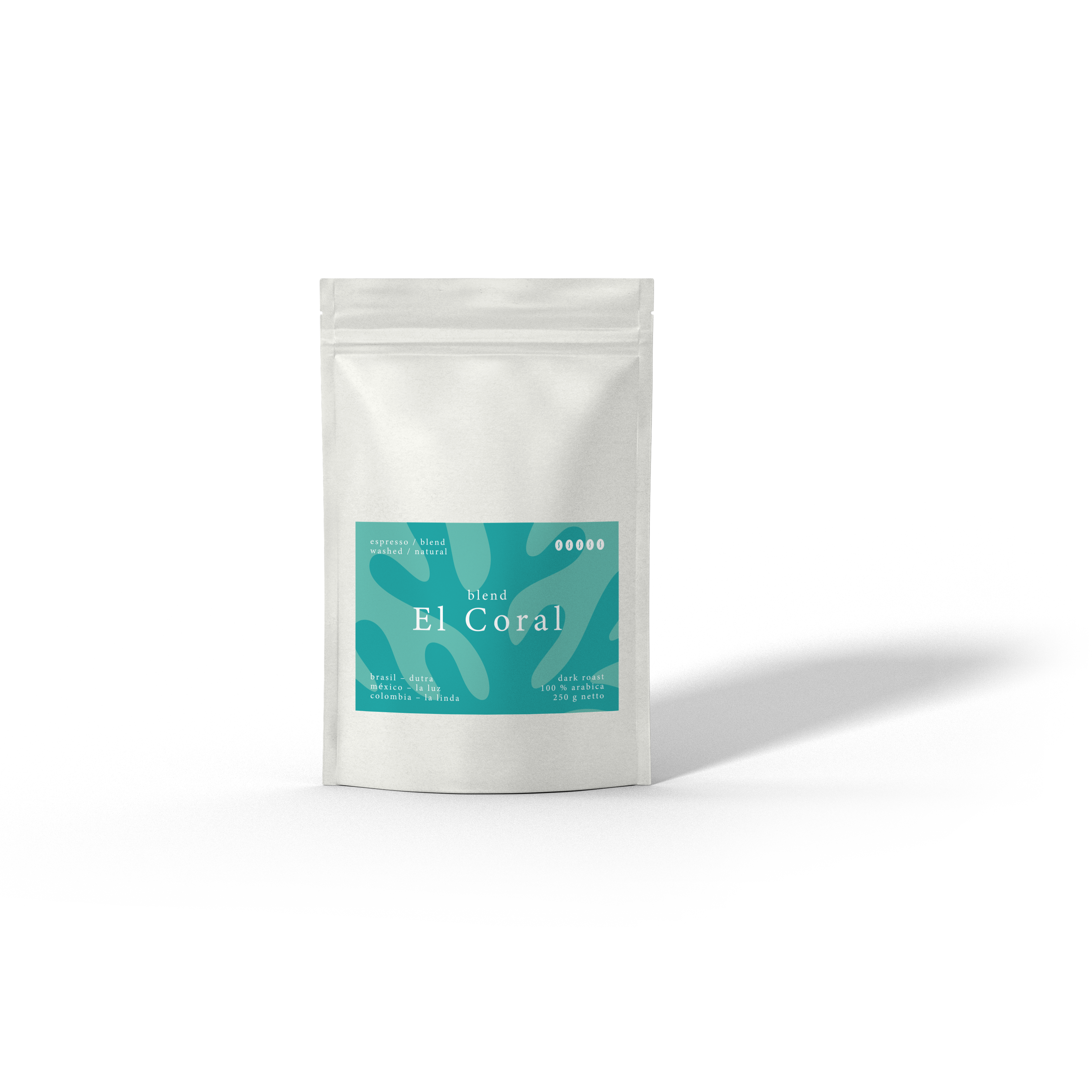 El Coral Blend, Spezialitätenkaffee - Espressomischung von der Caligo Kaffeerösterei Ahrensburg in einer weißen Tüte