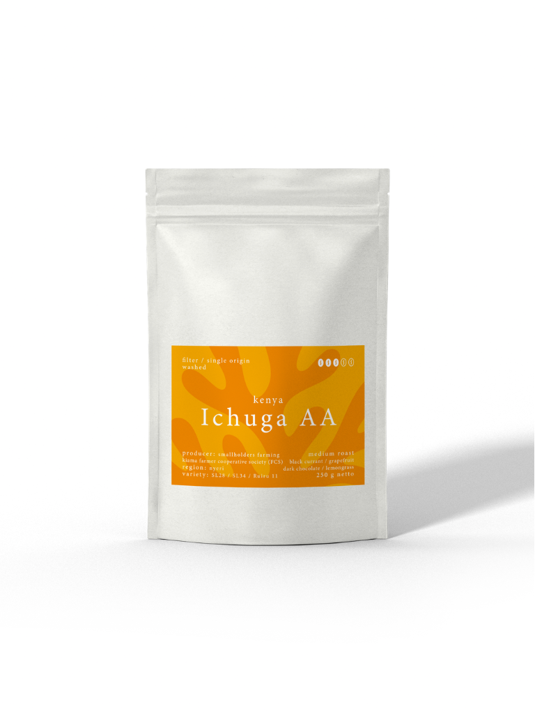 El Coral - Ichuga AA, Spezialitätenkaffee aus Kenia von der Caligo Kaffeerösterei Ahrensburg in einer weißen Tüte