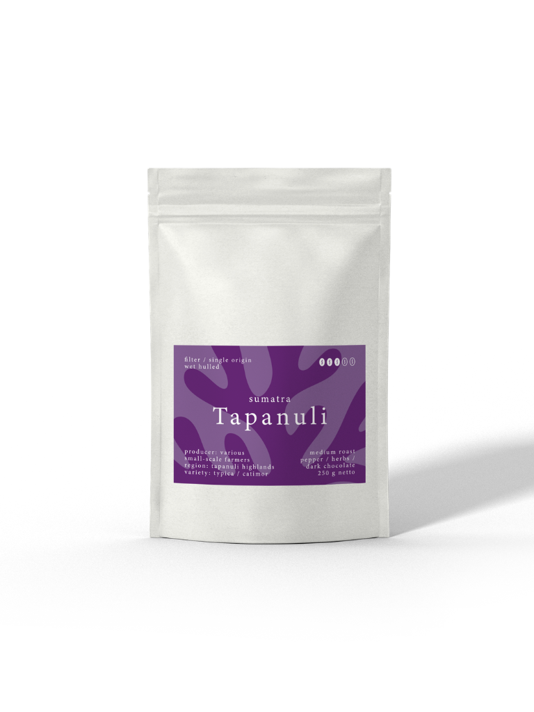 El Coral - Tapanuli, Spezialitätenkaffee aus Sumatra von der Caligo Kaffeerösterei Ahrensburg in einer weißen Tüte