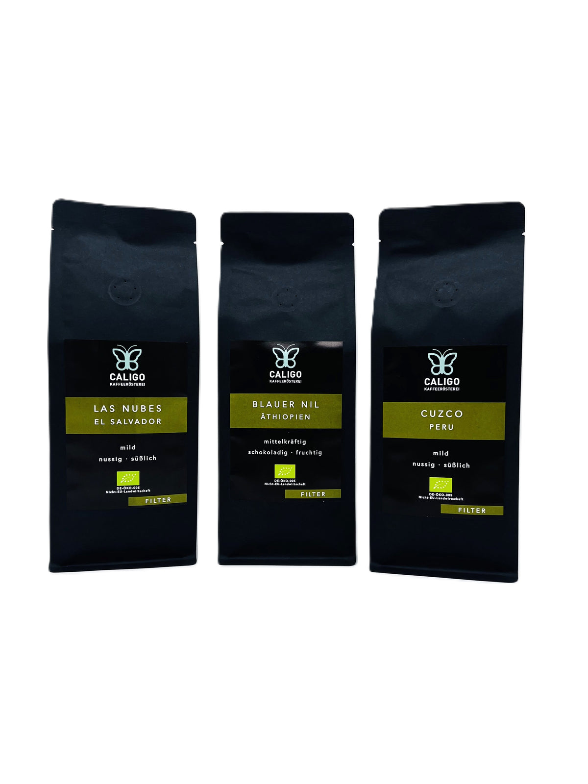 Dreier Set Bio Filterkaffee bestehend aus Las Nubes aus El Salvador, Blauer Nil aus Äthiopien und Cuzco aus Peru
