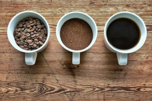 Caligo Kaffeebecher ein Becher mit gerösteten Bohnen, daneben ein Becher mit gemahlenem Kaffee, daneben ein Becher mit frisch gebrühtem Kaffee