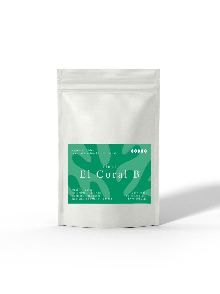 El Coral blend El Coral B Espresso Arabica und Robusta in weißer Tüte, Caligo Kaffeerösterei