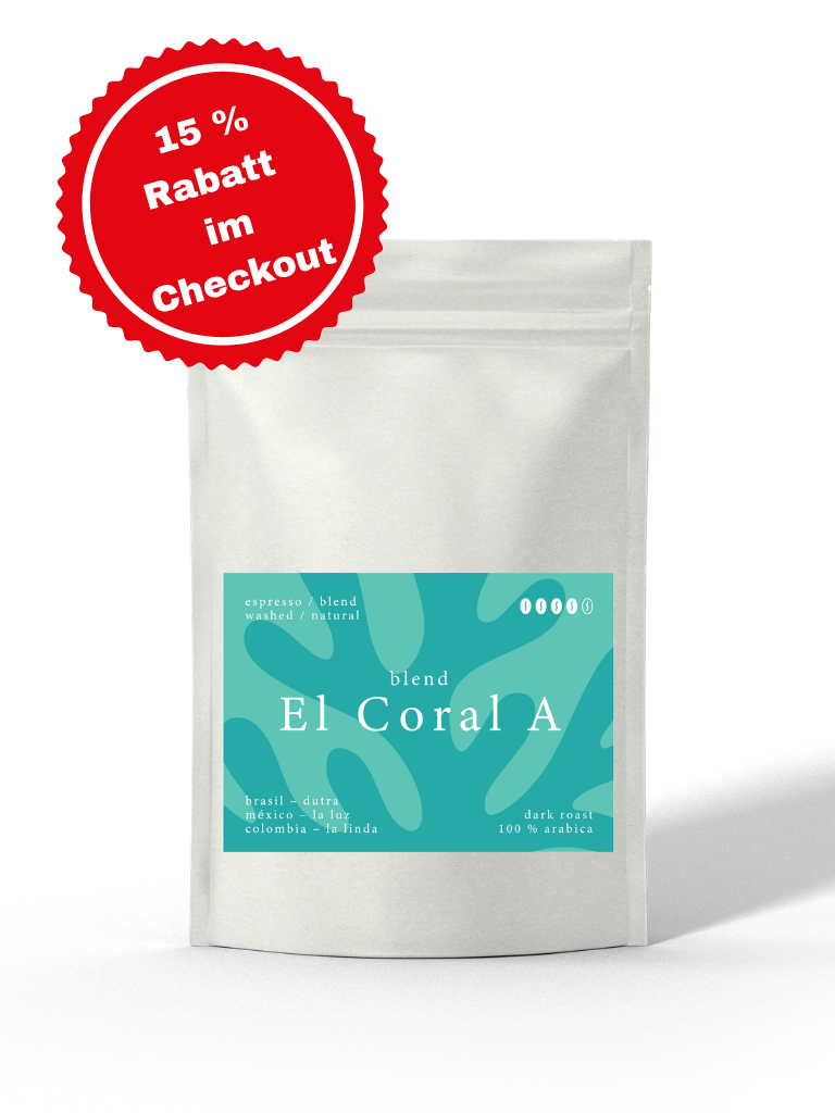 El Coral A Espresso blend Specialtycoffee von der Caligo Kaffeerösterei in weißer Tüte mit Rabatt-Hinweis 15 % sparen