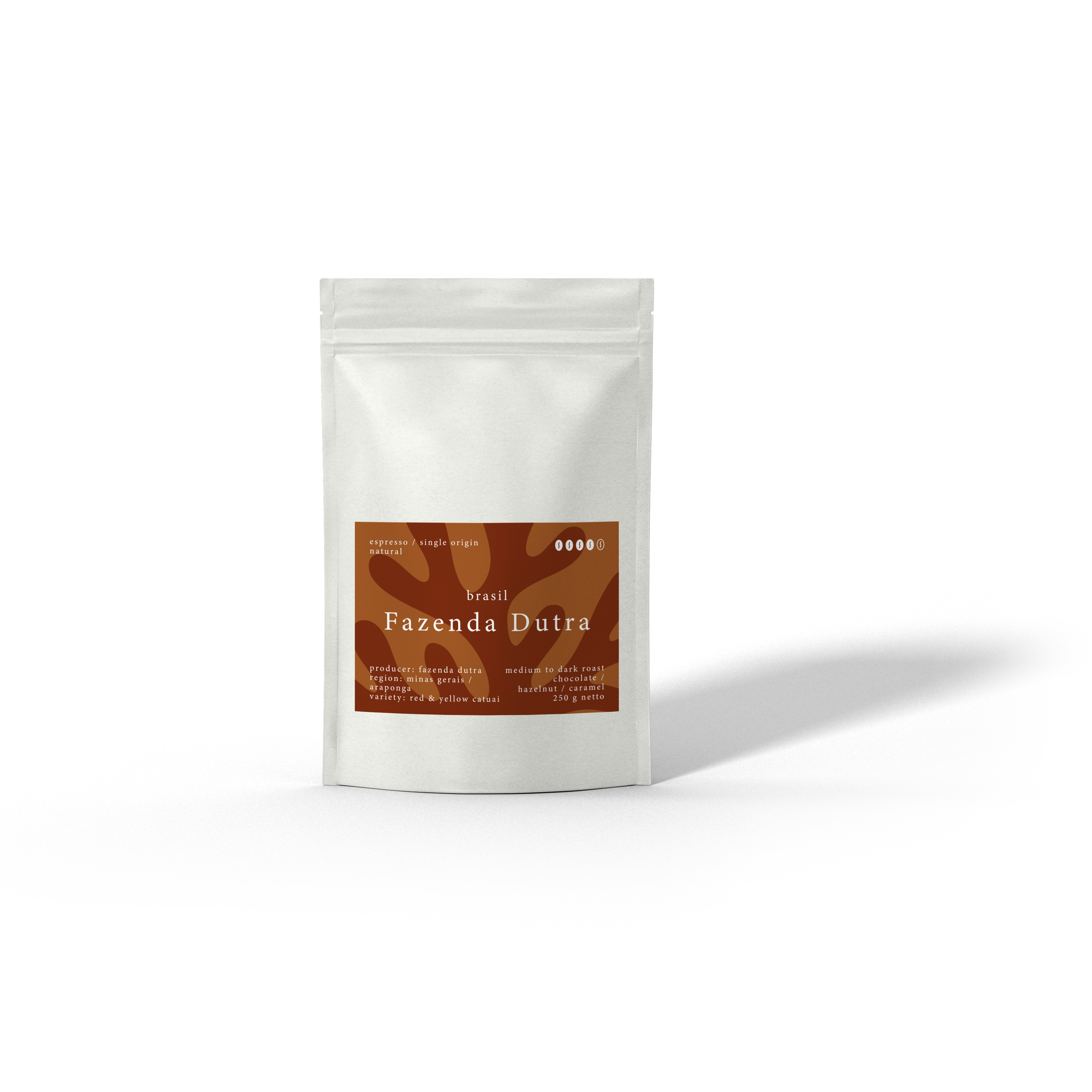 El Coral - Facenda Dutra, Spezialitätenkaffee , Espresso aus Brasilien von der Caligo Kaffeerösterei Ahrensburg in einer weißen Tüte