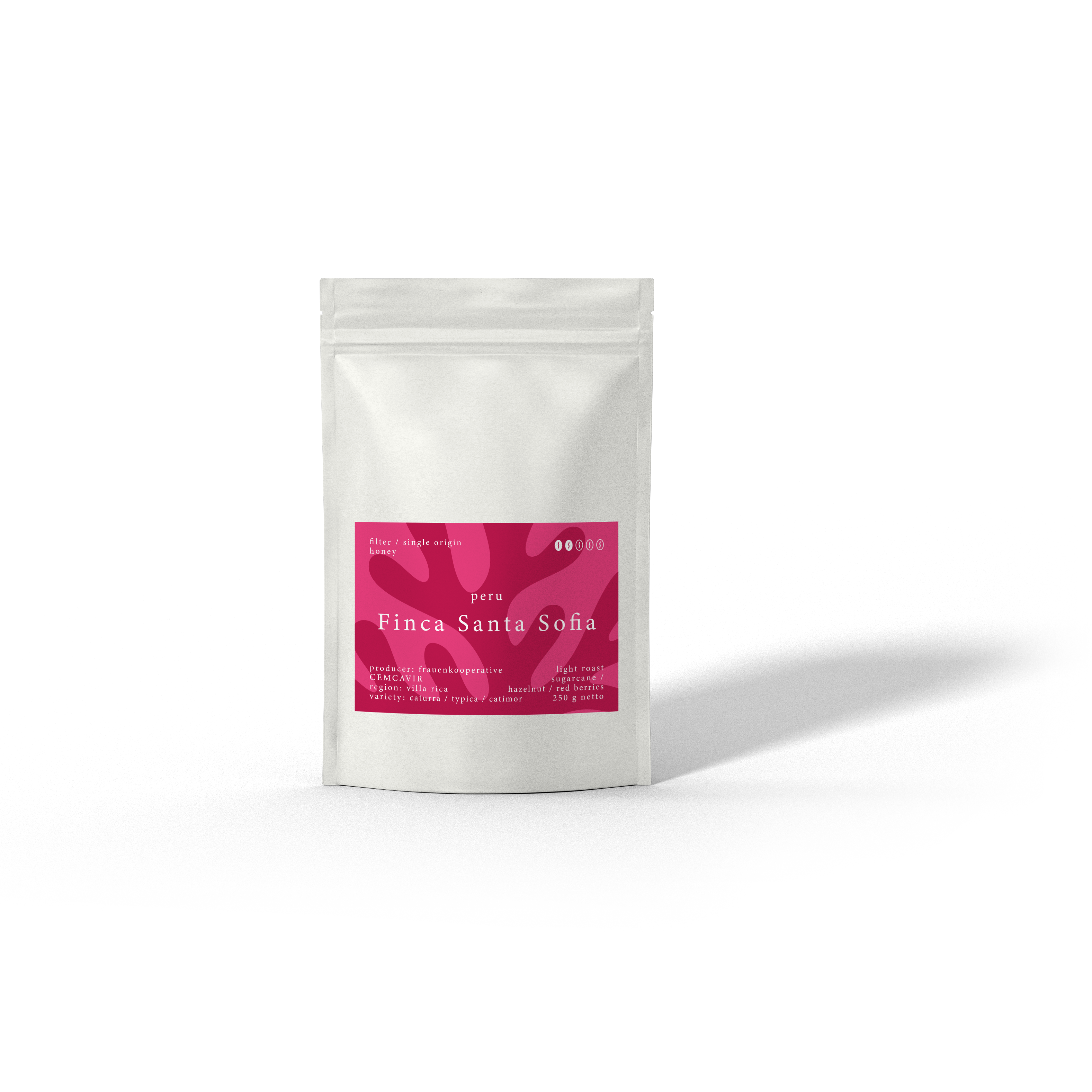 El Coral - Finca Santa Sofia, Spezialitätenkaffee - Bio-Filterkafee aus Peru von der Caligo Kaffeerösterei Ahrensburg in einer weißen Tüte