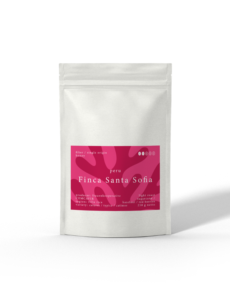 El Coral - Finca Santa Sofia, Spezialitätenkaffee - Bio-Filterkafee aus Peru von der Caligo Kaffeerösterei Ahrensburg in einer weißen Tüte