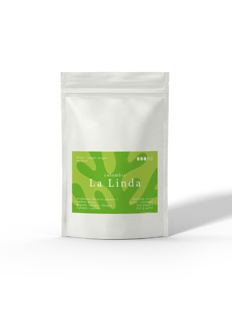 El Coral - La Linda, Spezialitätenkaffee aus Kolumbien von der Caligo Kaffeerösterei Ahrensburg in einer weißen Tüte