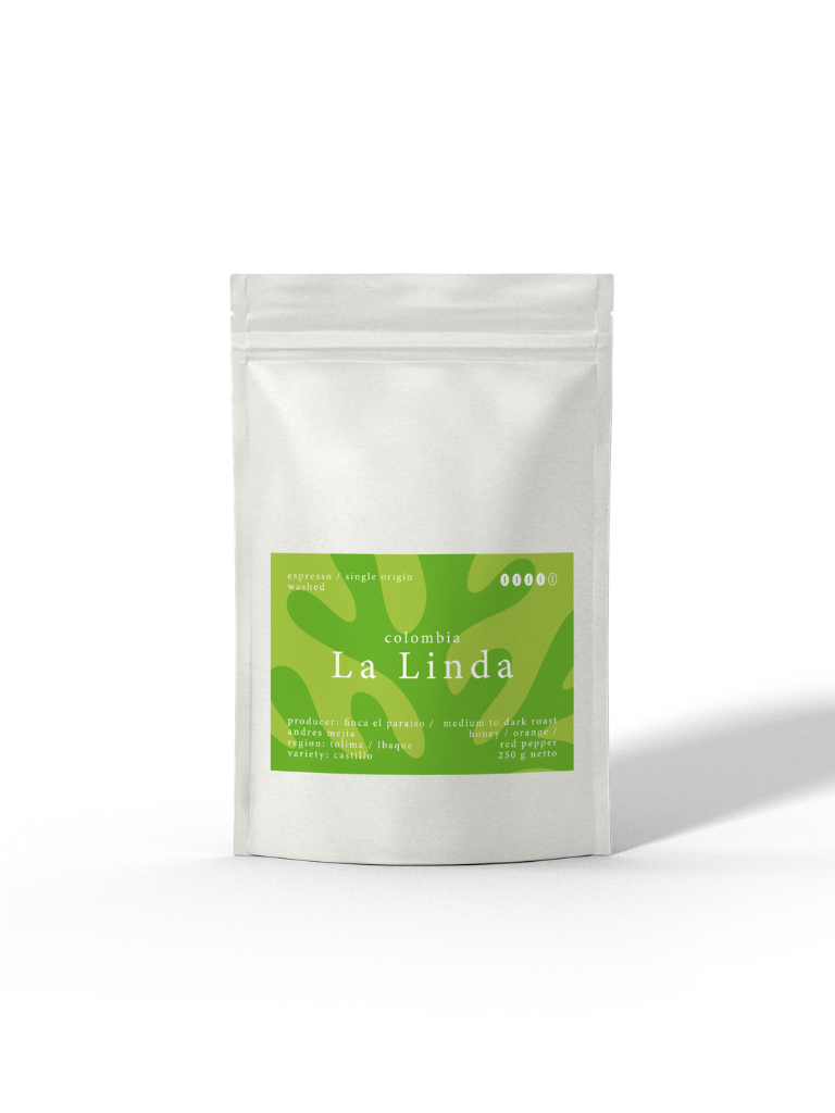 El Coral - La Linda, Spezialitätenkaffee aus Kolumbien von der Caligo Kaffeerösterei Ahrensburg in einer weißen Tüte