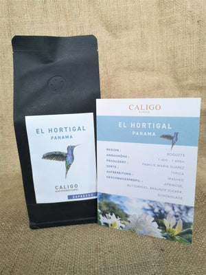 Caligo El Hortigal Panama Espresso in schwarzer Tüte mit Infokarte zum Kaffee