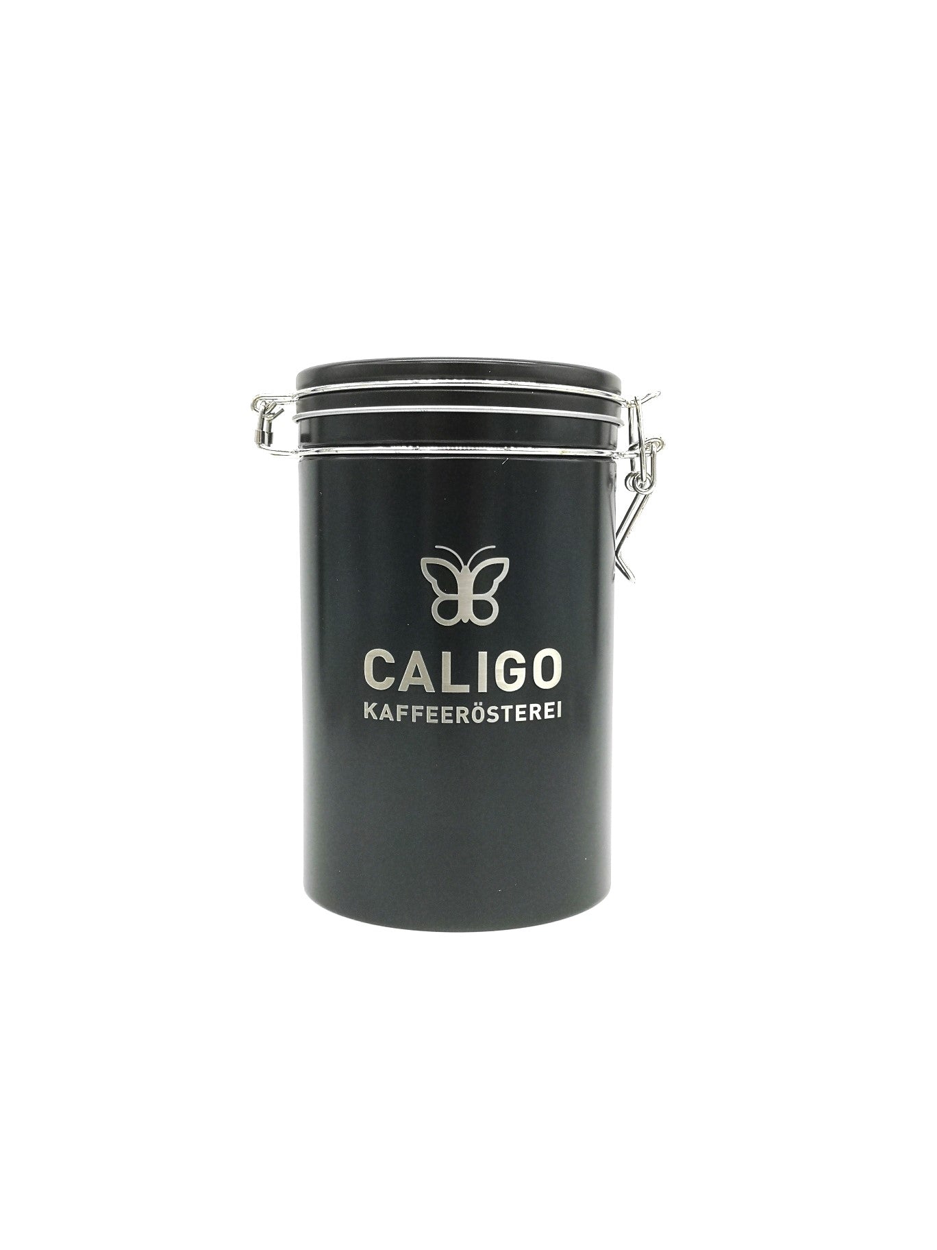 Caligo Kaffeerösterei, Kaffeedose schwarz mit Aromaverschluss und Caligo Logo Gravur silber