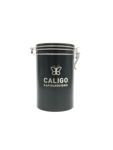 Caligo Kaffeerösterei, Kaffeedose schwarz mit Aromaverschluss und Caligo Logo Gravur silber